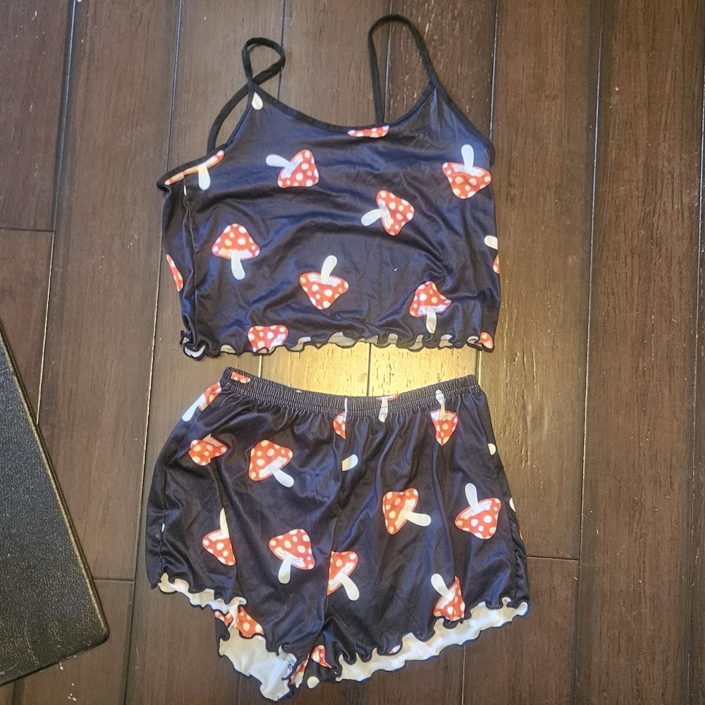 Mushroom Print Black Pajama Set